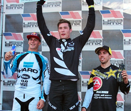Tauranga's Kurt Pickard on the podium with Americans Corben Sharrah and David Herman after winning the latest round of the USA BMS Nationals Series in Pittsburgh today.